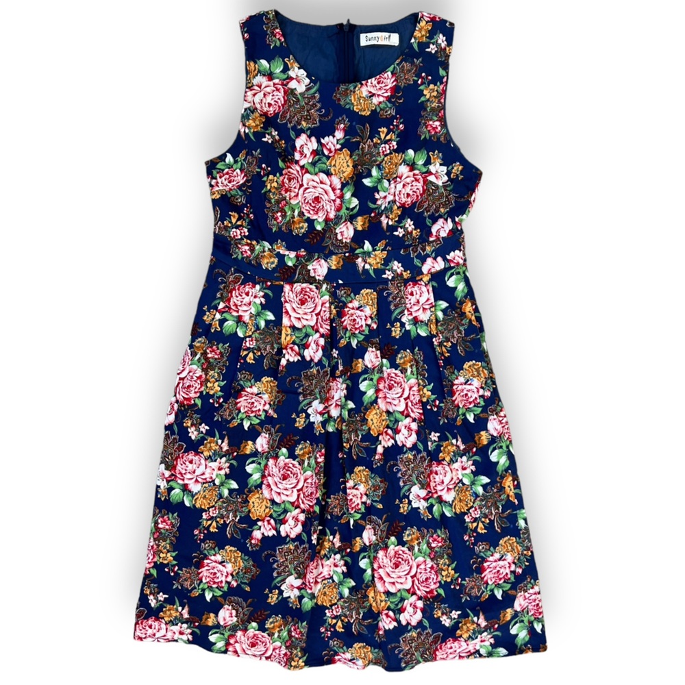 Sunny Girl Floral Tea Length Dress Sleeveless Jewel Neckline Size 14